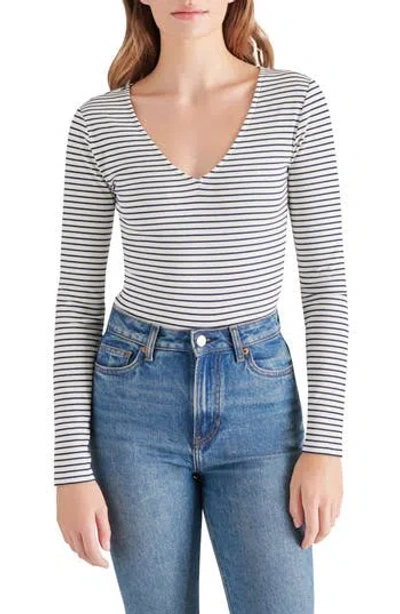Steve Madden Stripe Long Sleeve V-neck Bodysuit In White/maritime Blue