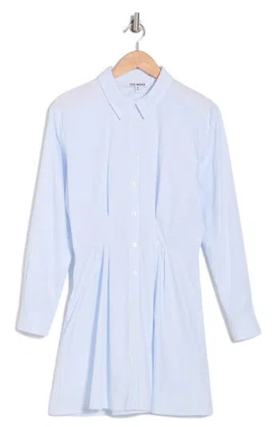 Steve Madden Stripe Pleated Waist Long Sleeve Shirtdress In Sky Blue
