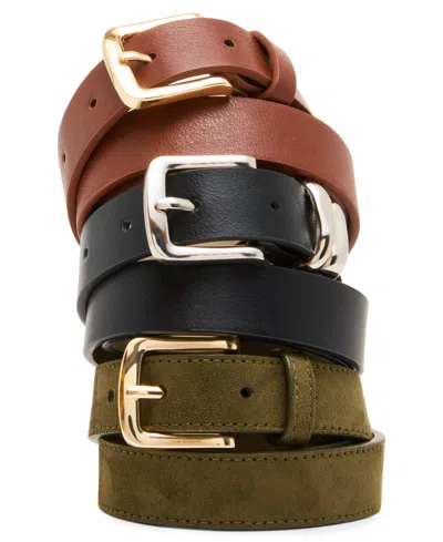 Steve Madden Textured Buckle Belt, 3-pack In Cognac,black,olive