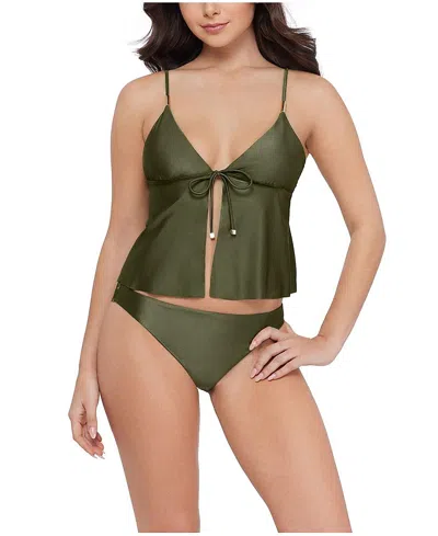 Steve Madden Womens Tie Front Crop Tankini Top Pull On Swim Hipster Bottoms In Green