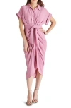 Steve Madden Tori Belted Ruched Slub Midi Shirtdress In Mauve Shadows