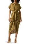 Steve Madden Tori Belted Ruched Slub Midi Shirtdress