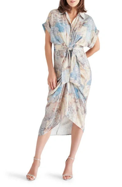 Steve Madden Tori Snakeskin Print Tie Waist Midi Shirtdress In Blue/beige Multi
