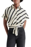 Steve Madden Tori Stripe Short Sleeve Tie Front Shirt In White