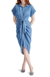 Steve Madden Tori Tie Waist Denim Midi Shirtdress In Chambray Blue