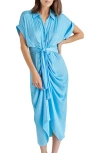 Steve Madden Tori Tie Waist Satin Midi Shirtdress In Baltic Sea