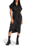 Steve Madden Tori Tie Waist Satin Midi Shirtdress In Black