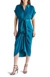 Steve Madden Tori Tie Waist Satin Midi Shirtdress In Midnight Teal