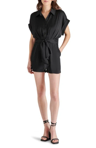 Steve Madden Tori Tie Waist Satin Romper In Black