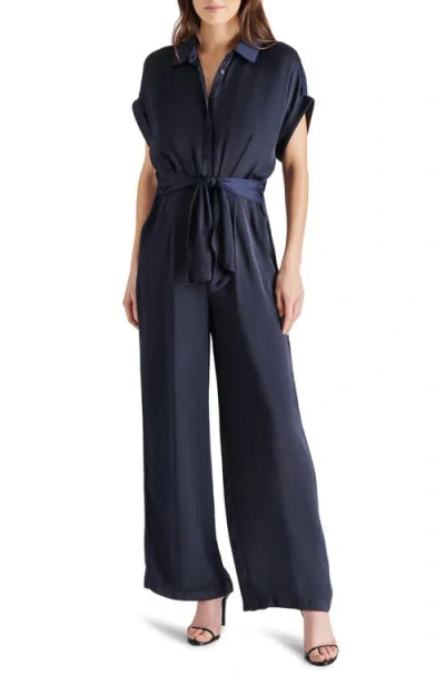 Steve Madden Tori Tie Waist Wide Leg Satin Jumpsuit In Midnight