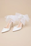 STEVE MADDEN VALENTEEN WHITE SATIN MESH BOW POINTED-TOE ANKLE-STRAP PUMPS