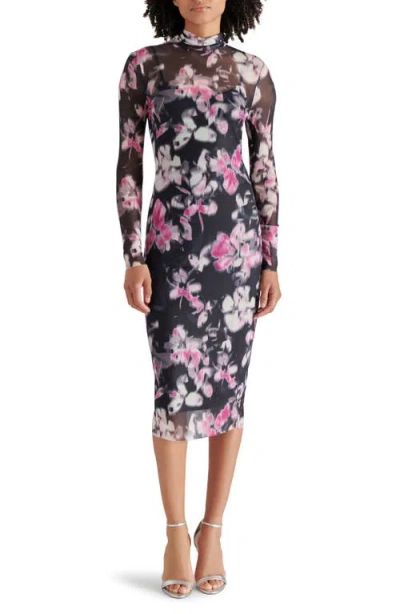 Steve Madden Vivienne Floral Long Sleeve Turtleneck Mesh Midi Dress In Black Multi