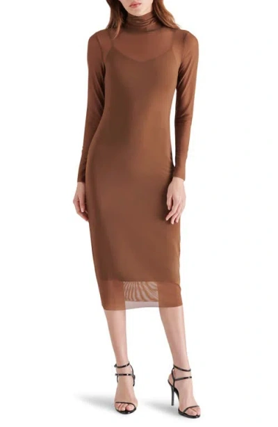 Steve Madden Vivienne Long Sleeve Mesh Midi Dress In Coco