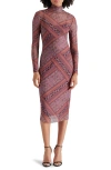 STEVE MADDEN STEVE MADDEN VIVIENNE SCARF PRINT LONG SLEEVE TURTLENECK MESH MIDI DRESS