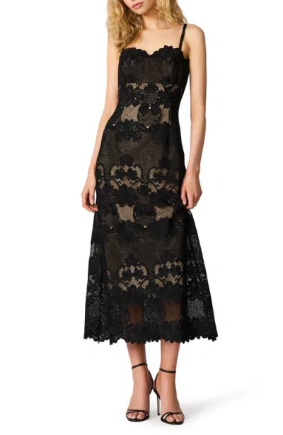 Steve Madden Willow Scalloped Floral Lace Midi Dress In Black
