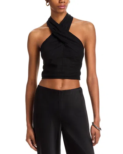 Steve Madden Winnie Twist Neck Crop Linen Blend Top In Black