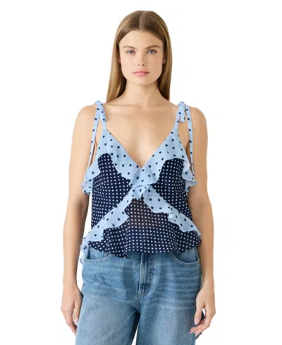 Steve Madden Adalina Polka Dot Ruffle Chiffon Tank In Blue