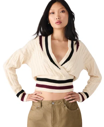Steve Madden Women's Addison V-neck Varsity Cable Sweater In White