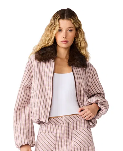 Steve Madden Women's Ailee Plaid Faux Fur Cropped Bomber Jacket In Blush Plaid