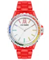 Steve Madden Women's Analog Transparent Red Plastic With Rainbow Crystal Bracelet Watch, 40mm In Red