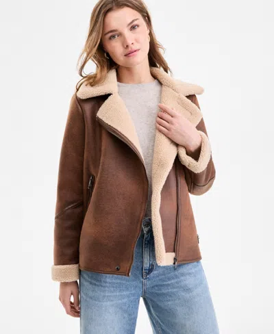 Steve Madden Women's Asymmetric Faux-shearling Coat In Brown