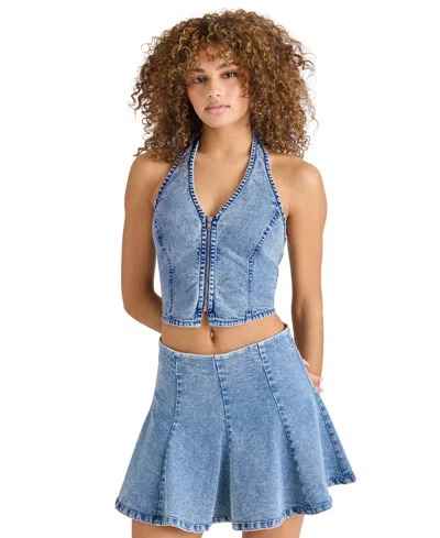 Steve Madden Womens Beatrix Denim Halter Top Hadley Cotton Denim Mini Skirt In Acidwash Denim