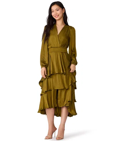 Steve Madden Bei Long Sleeve Tiered Satin Midi Dress In Green