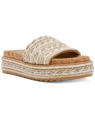 Steve Madden Women's Bellar Raffia Platform Footbed Slide Sandals In Natural Raffia,rhinestone