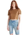 Steve Madden Biana Metallic Open Stitch Short Sleeve Crop Sweater In Caramel Cafe