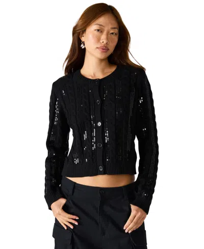 Steve Madden Women's Braided Sequin Cable Knit Cardigan In Black