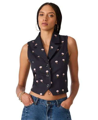 Steve Madden Women's Britton V-neck Button-front Vest Top In Navy Stripe