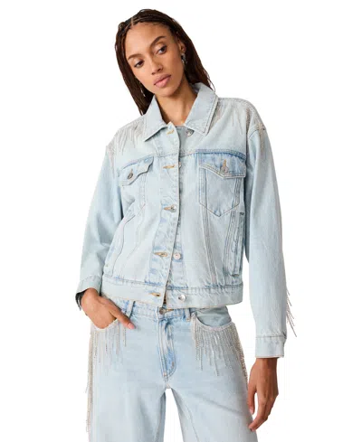 Steve Madden Women's Clarke Short Denim Fringe Jacket In Faded Denim