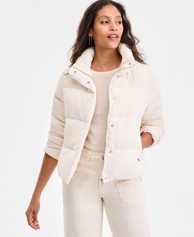 Steve Madden Women's Corduroy Zip-front Puffer Coat In Neutral