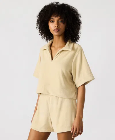 Steve Madden Women's Cropped Terrycloth Polo Top In White