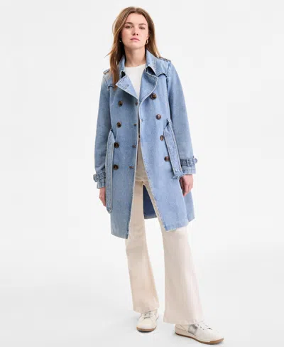 Steve Madden Women's Double-breasted Denim Trench Coat In Blue