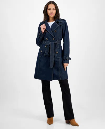 Steve Madden Women's Double-breasted Denim Trench Coat In Blue