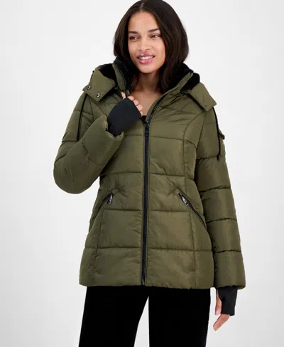 Steve Madden Women's Faux-fur-trim Hooded Puffer Coat In Animal Print