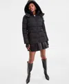 Steve Madden Women's Faux-fur-trim Hooded Puffer Coat In Black