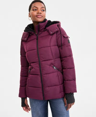 Steve Madden Women's Faux-fur-trim Hooded Puffer Coat In Burgundy