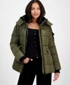 Steve Madden Women's Faux-fur-trim Hooded Utility-pocket Puffer Coat In Green