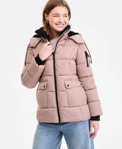 STEVE MADDEN WOMEN'S FAUX-FUR-TRIM HOODED UTILITY-POCKET PUFFER COAT