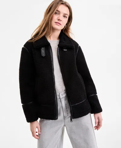 Steve Madden Women's Faux-sherpa Faux-leather-trim Coat In Black