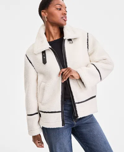 Steve Madden Women's Faux-sherpa Faux-leather-trim Coat In White