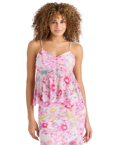 Steve Madden Women's Floral-print Handkerchief-hem Sleeveless Top In Pink Hydrangea