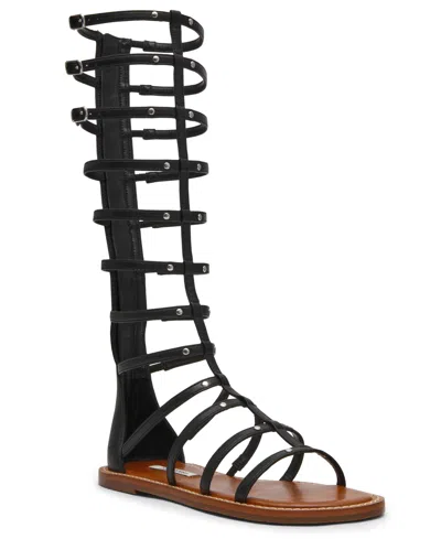 Steve Madden Women's Gladius Knee-high Strappy Flat Round Toe Gladiator Sandals In Black