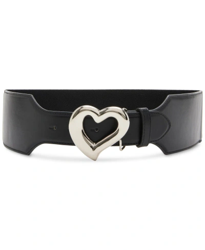 Steve Madden Women's Heart Buckle Stretch Faux-leather Belt In Black-silver