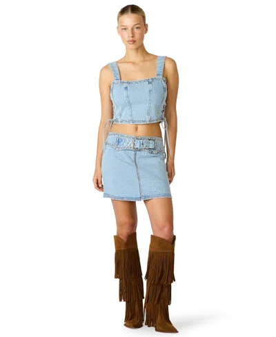 Steve Madden Womens Babe Square Neck Top High Rise Mini Skirt In Blue
