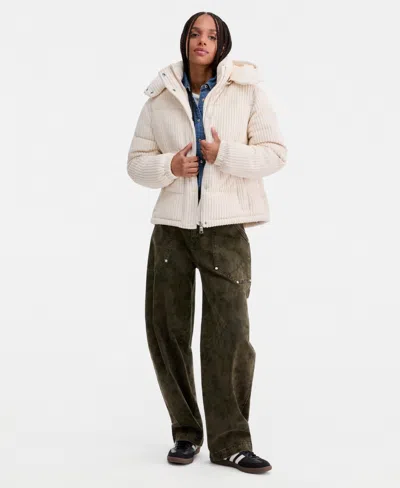 Steve Madden Women's Hooded Corduroy Puffer Coat In White