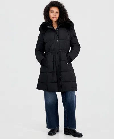 Steve Madden Women's Hooded Drawcord-waist Puffer Coat In Black