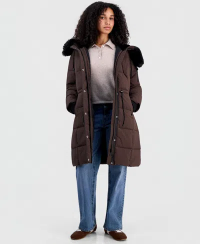 Steve Madden Women's Hooded Drawcord-waist Puffer Coat In Burgundy
